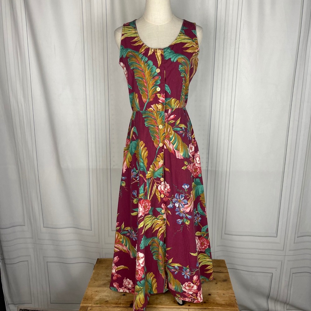 Vintage 90's Guess Floral Sleeveless Button-down Cotton‎ Midi Dress - Maroon - M